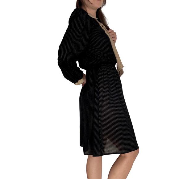 Vintage Luci Fellini 1980s Black Pin Stripe Dress Polka Dot Neck Tie Collar - Picture 8 of 13